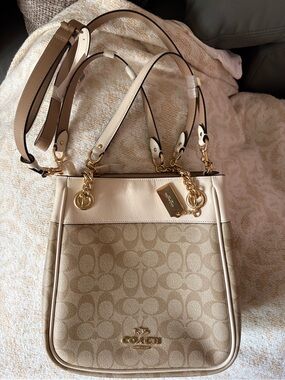 Coach Beige Signature Canvas Crossbody with Gold Hardware